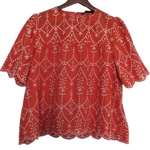 Zara Orange and White Eyelet Short sleeve Top Size Large